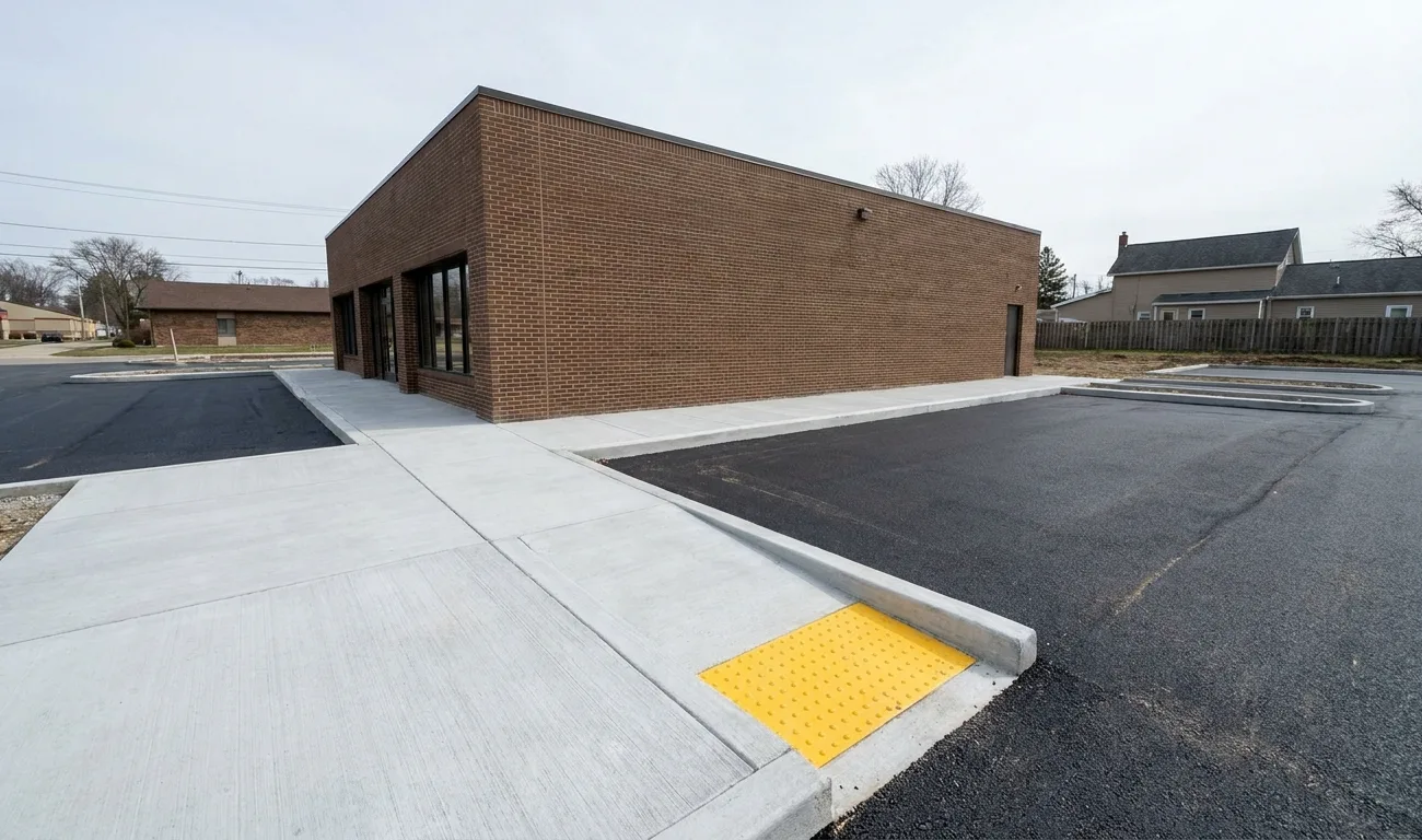 New broom-finished concrete sidewalk, accessible curb ramp and curbs at a small brick commercial building