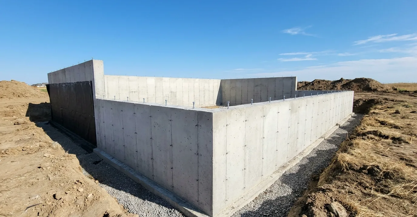 Freshly poured basement foundation walls in an excavation with tie holes, anchor bolts and partial damp-proofing