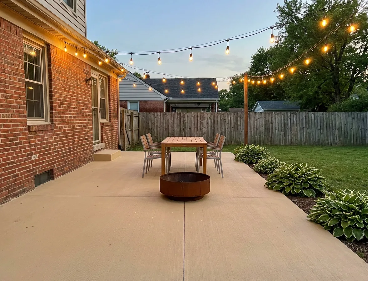 Tan concrete patio behind a brick home with a dining table, chairs, a fire bowl and string lights at dusk