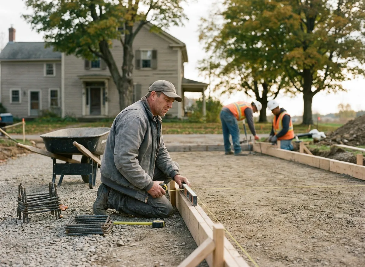 Concrete contractor kneeling beside wooden form boards, checking a string line before a walkway pour