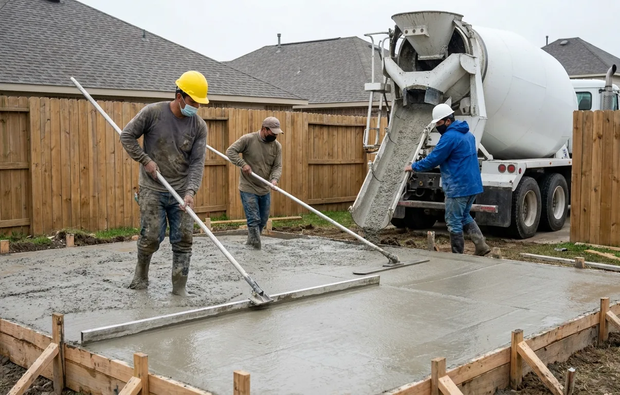 Concrete crew screeding and bull-floating a fresh backyard slab beside a ready-mix truck chute