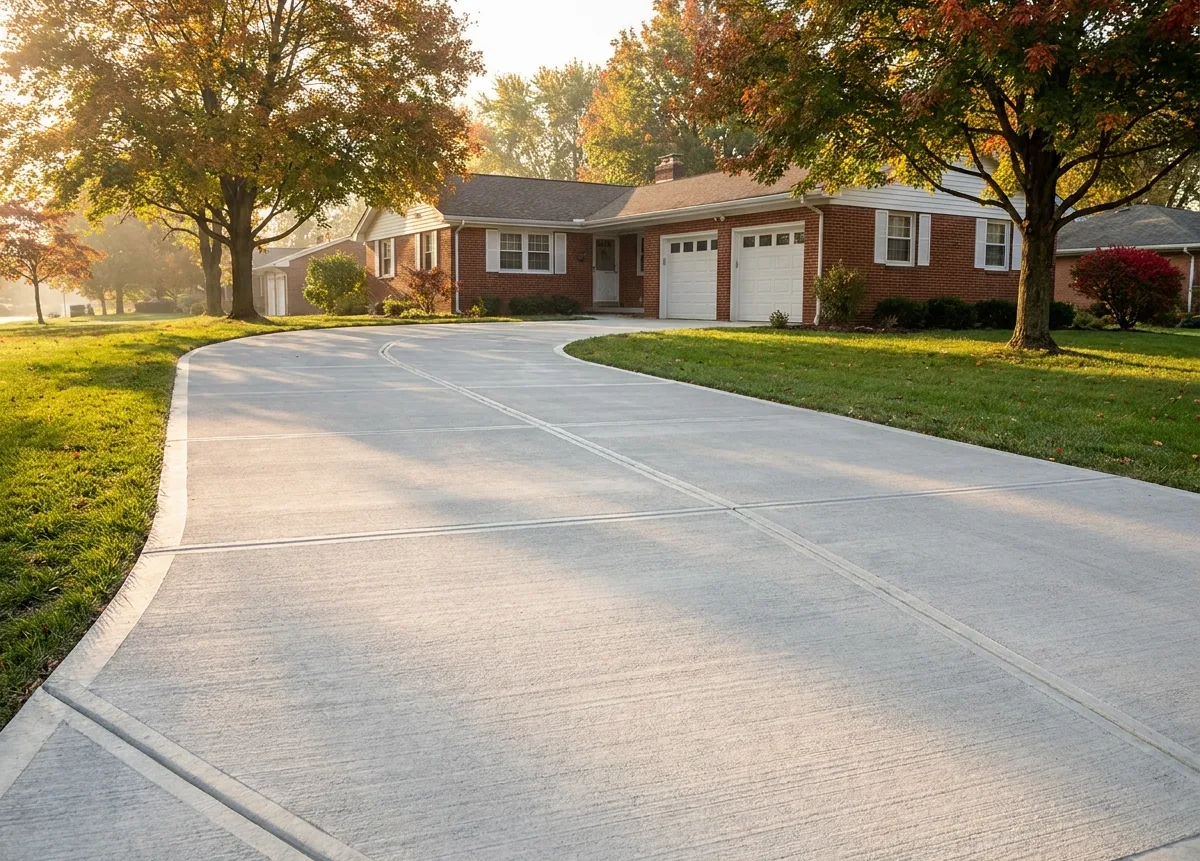 Freshly poured broom-finish concrete driveway curving up to a red-brick ranch house with autumn maples